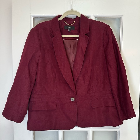 Talbots Maroon Red Wine Linen Blend Blazer Jacket Women’s Size 16 XL - Picture 1 of 11